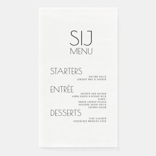 Serviette En Papier Menu Moderne Simple Noir Blanc Gras Mariage (Devant)