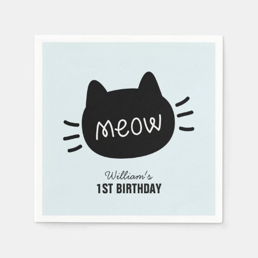 Serviette En Papier Meow Black Cat Face Blue Boy Anniversaire (Devant)