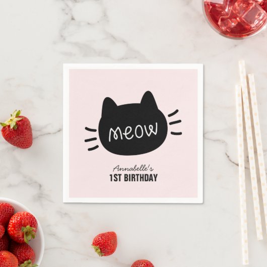 Serviette En Papier Meow Chat noir visage rose fille Anniversaire (En situation)