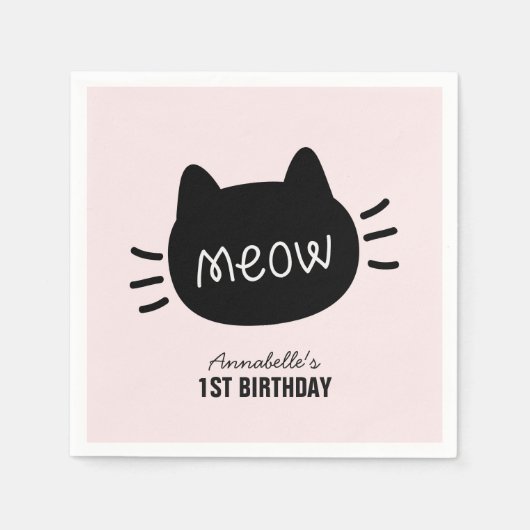 Serviette En Papier Meow Chat noir visage rose fille Anniversaire (Devant)