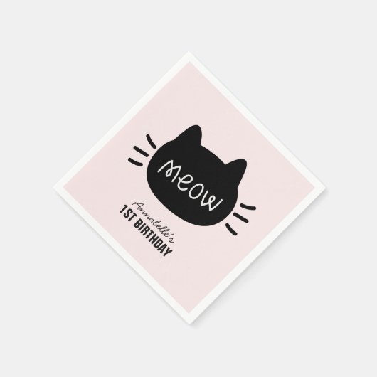 Serviette En Papier Meow Chat noir visage rose fille Anniversaire (Coin)