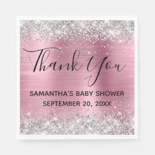 Serviette En Papier Merci Baby shower Parties scintillant rose argent