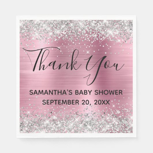 Serviette En Papier Merci Baby shower Parties scintillant rose argent (Devant)