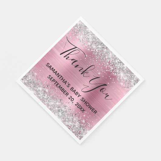 Serviette En Papier Merci Baby shower Parties scintillant rose argent (Coin)