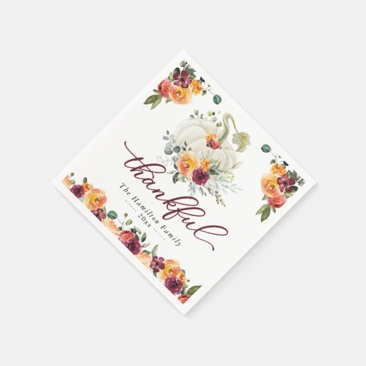 Serviette En Papier Merci Bourgogne Citrouille Floral Thanksgiving (Coin)