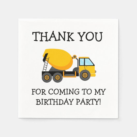 Serviette En Papier Merci d'anniversaire du Camion ciment jaune (Devant)