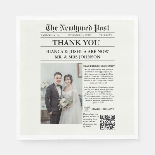 Serviette En Papier Merci de Mariage photo unique du journal (Devant)