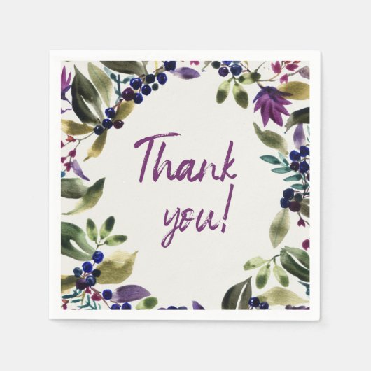 Serviette En Papier Merci! | Fleurs et baies d'aquarelle (Devant)