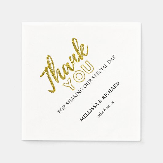 Serviette En Papier Merci Mariage Noir Et Or Personnalisé (Devant)