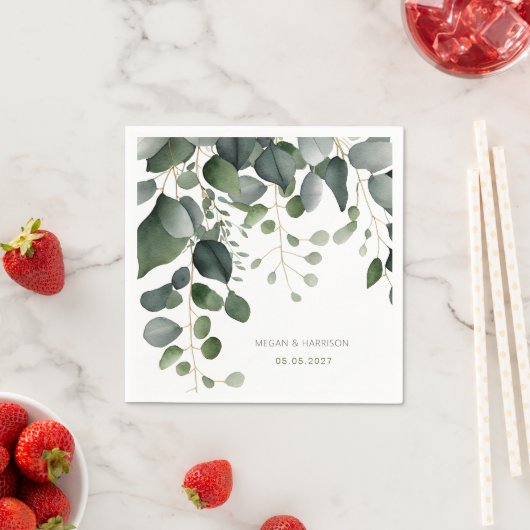 Serviette En Papier Merci Mariage verdoyant et eucalyptus (En situation)