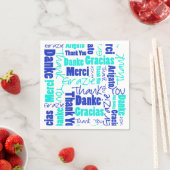 Serviette En Papier Merci multilingue bleu et turquoise (En situation)