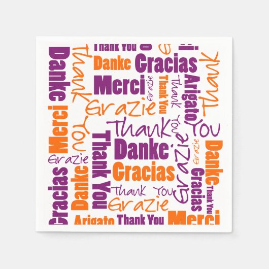Serviette En Papier Merci multilingue violet et orange (Devant)