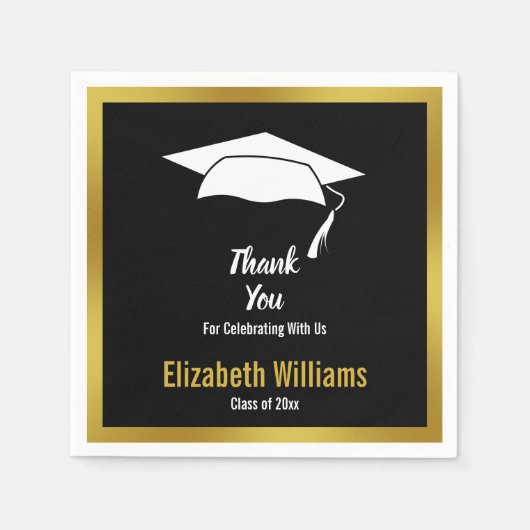 Serviette En Papier Merci Noir Blanc Gold Nom Graduation (Devant)