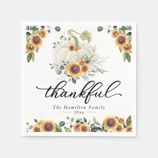 Serviette En Papier Merci Sunflowers Citrouille blanc Thanksgiving (Devant)