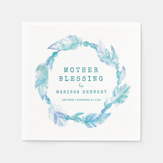 Serviette En Papier Mère Bienheureux perles plumes boho aqua turquoise (Devant)