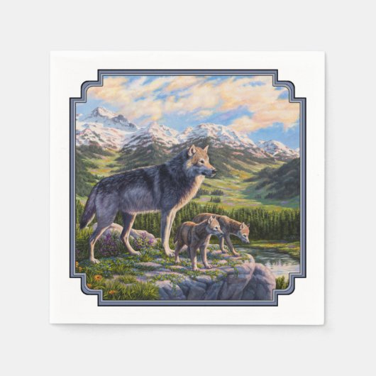 Serviette En Papier Mère Wolf & Pups Mountain River Valley (Devant)