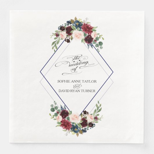 Serviette En Papier Merlot géométrique moderne Marine bleu Mariage flo (Devant)