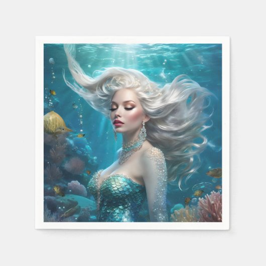 Serviette En Papier Mermaid cheveux en argent Turquoise Océan (Devant)