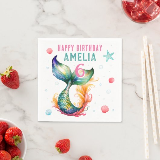 Serviette En Papier Mermaid Tail Seashells Bubbles Starfish Anniversai (En situation)