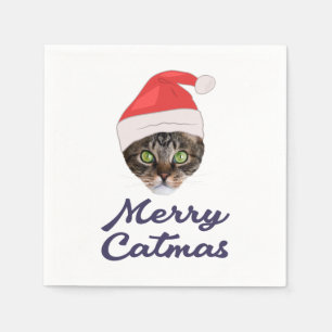 Serviette En Papier Merry Catmas, Noël Chat Santa hat Invitation