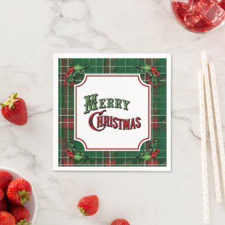 Serviette En Papier Merry Christmas Green Plaid with Holly