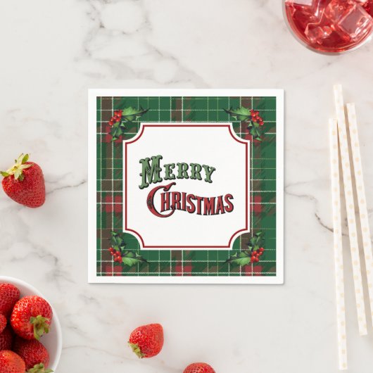 Serviette En Papier Merry Christmas Green Plaid with Holly (En situation)