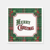 Serviette En Papier Merry Christmas Green Plaid with Holly (Devant)