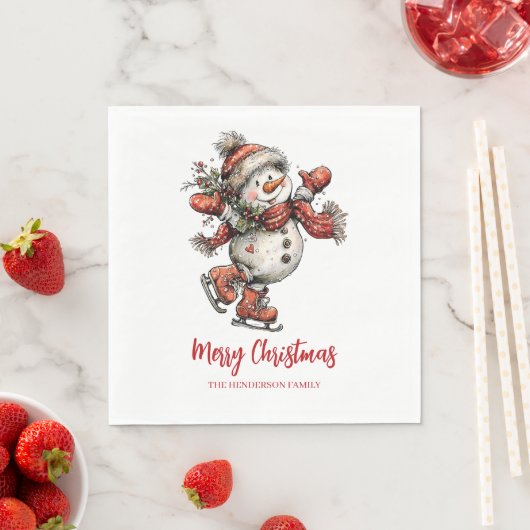 Serviette En Papier Merry Christmas Ice Skates Snowman  (En situation)