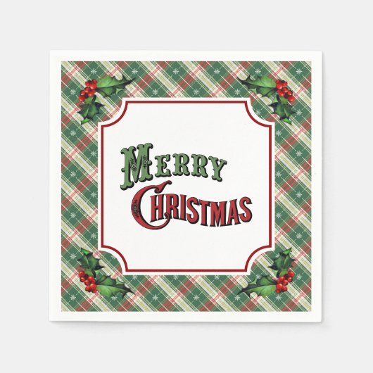Serviette En Papier Merry Christmas Plaid with Holly (Devant)