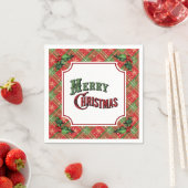 Serviette En Papier Merry Christmas Red Plaid with Holly (En situation)