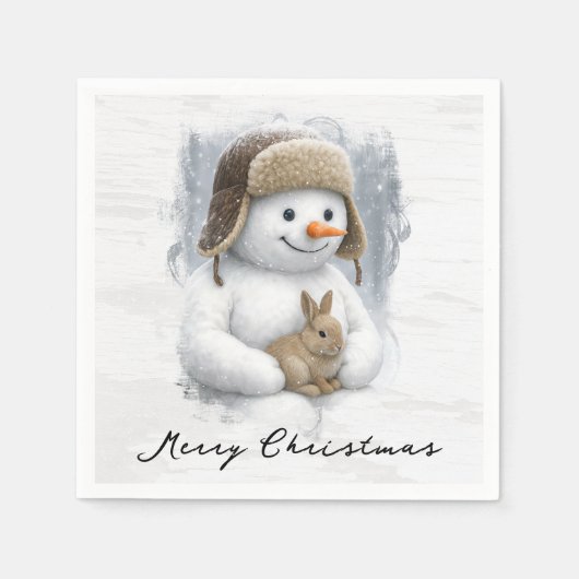 Serviette En Papier Merry Christmas Snowman With Bunny (Devant)