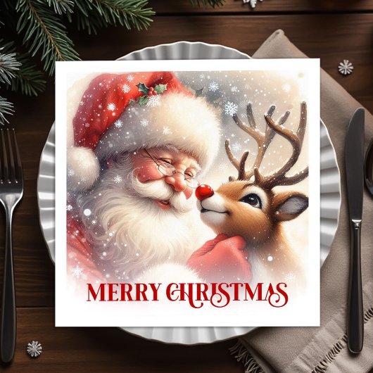 Serviette En Papier Merry Santa Claus Rudolph Holiday Dinner Party 