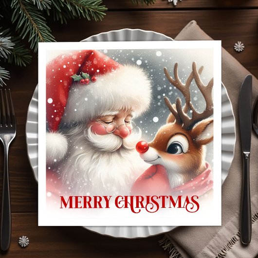 Serviette En Papier Merry Santa Claus Rudolph Holiday Party Dinner  