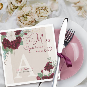 Serviette En Papier Mes Quinze Ans Bourgogne Ivoire Floral Monogrammé