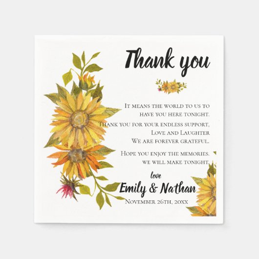 Serviette En Papier Message de Merci de Mariage de tournesol rustique (Devant)