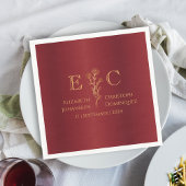 Serviette En Papier Métal monogramme floral minimal Mariage or rouge