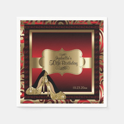 Serviette En Papier Métallique rouge et or - 50e anniversaire | Texte  (Devant)