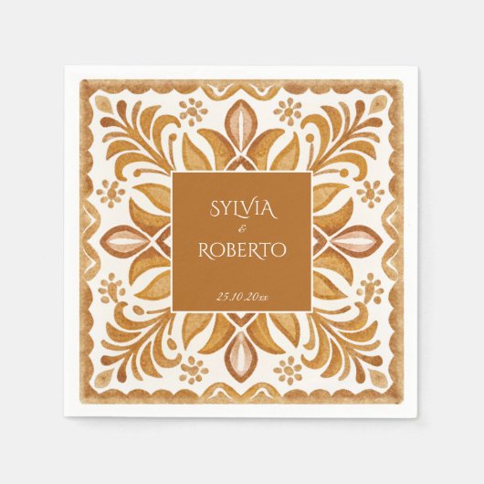 Serviette En Papier Mexicaine Talavera brun élégant mariage monogrammé (Devant)