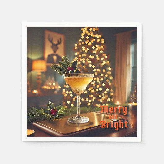 Serviette En Papier Mi-Siècle Noël Joyeux & Cocktail lumineux (Devant)