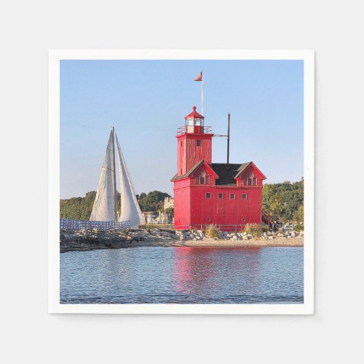 Serviette En Papier Michigan Big Red Lighthouse With Sailboat (Devant)