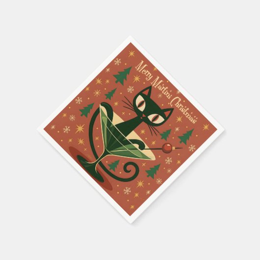 Serviette En Papier Mid Century Black Cat Merry Martini Christmas (Coin)