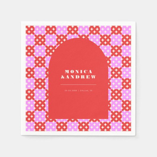 Serviette En Papier Mid Century Moderne Rétro Rouge et Rose Arche Géom (Devant)