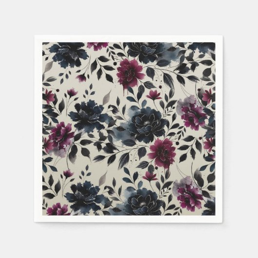 Serviette En Papier Midnight Blue Bourgogne Inky Floral Almond Mariage (Devant)