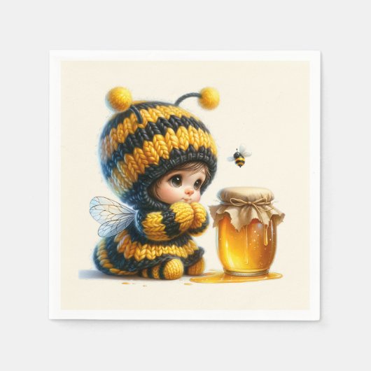 Serviette En Papier Mignonne fille en costume d'abeille avec miel (Devant)