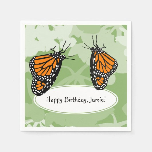 Serviette En Papier Mignonne Insectes Joueuses Papillons Monarque Vert (Devant)