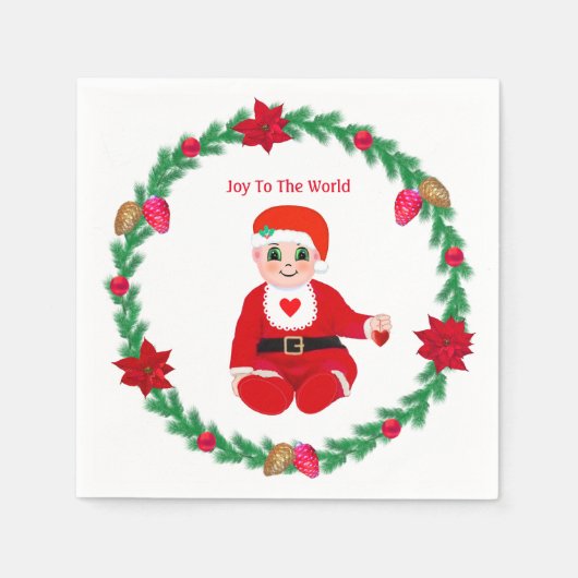 Serviette En Papier Mignonne Noël heureux bébé et couronne de pin (Devant)