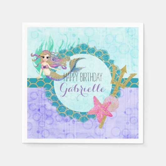 Serviette En Papier Mignonne sirène Monogramme Turquoise et violette J (Devant)