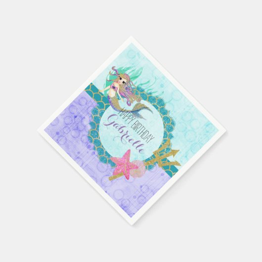 Serviette En Papier Mignonne sirène Monogramme Turquoise et violette J (Coin)