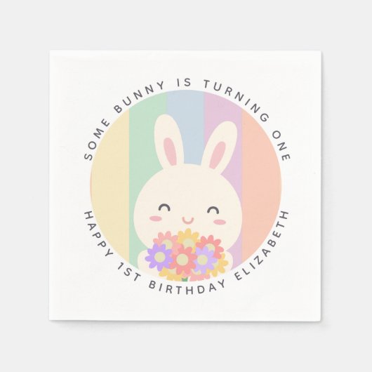 Serviette En Papier Mignonne Un Lapin Tourne Un Anniversaire Arc En Ci (Devant)