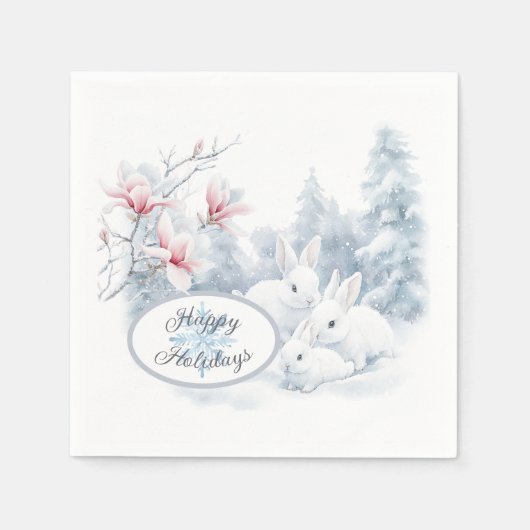Serviette En Papier Mignons lapins blancs en vacances d'hiver neige (Devant)